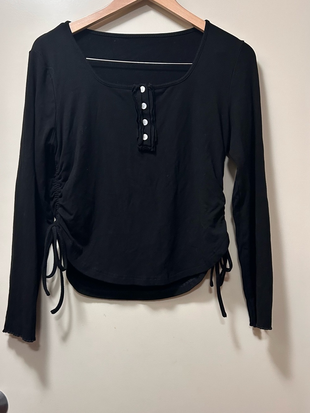 Black Long-Sleeve Scoop Neck Top with Side Ruched Ties